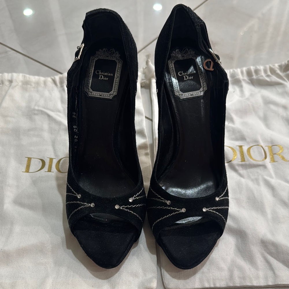 Christian Dior Black Peep-Toe Heels with Silver Accents. Vintage!